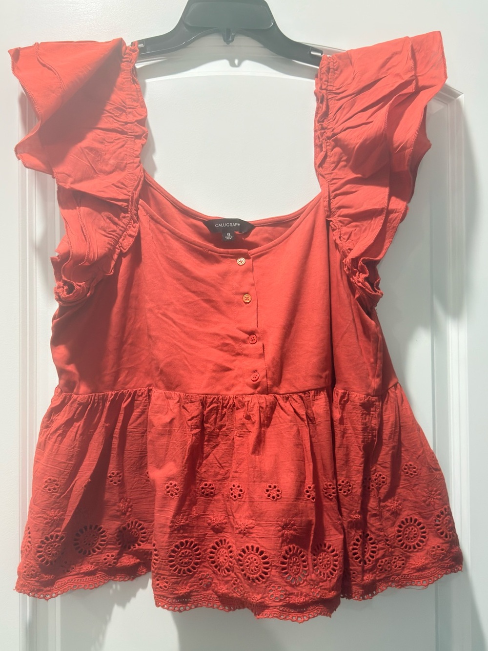 Red Eyelet Flutter-Sleeve Peplum Blouse